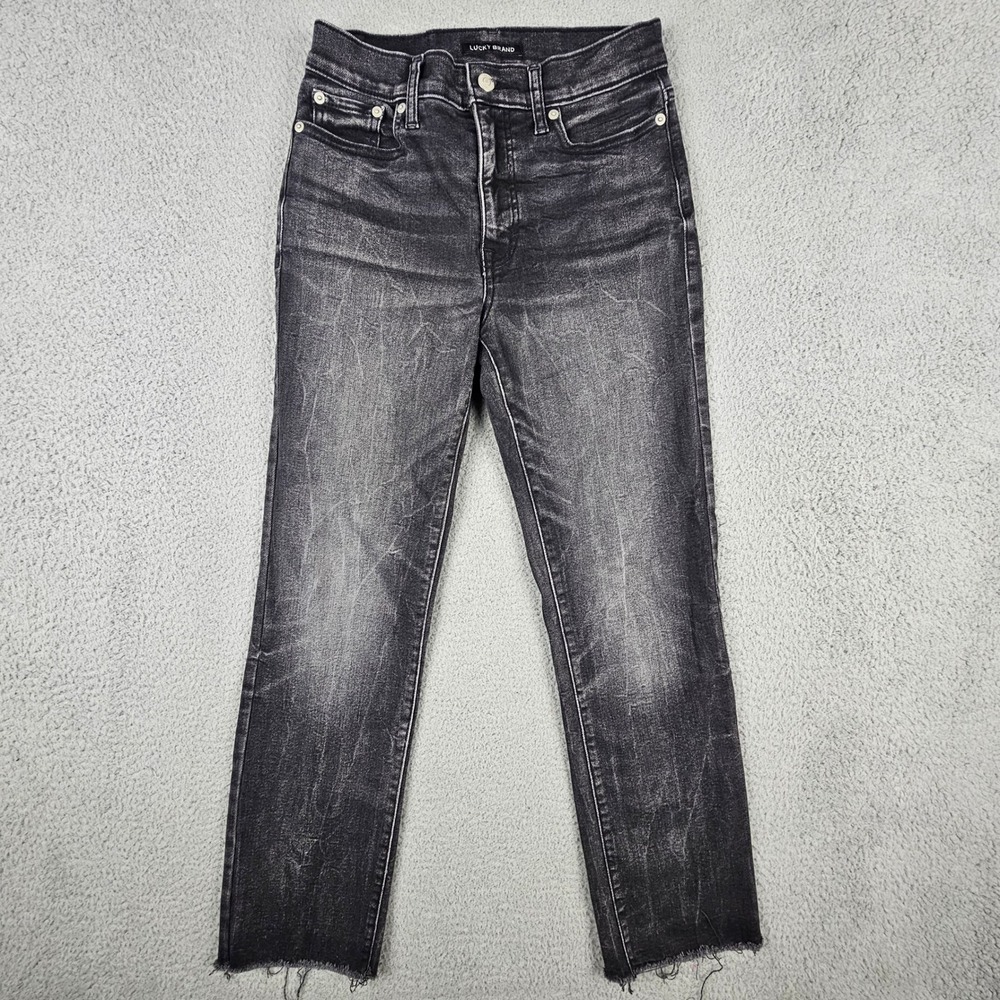 Lucky Brand Zoe Straight Jeans Womens 6/28 Black‎ High Rise Raw Hem 7W15367